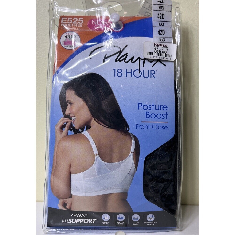 Playtex 18 Hour Posture Boost Bra Front Close E525 Wirefree Black Size 42D NEW